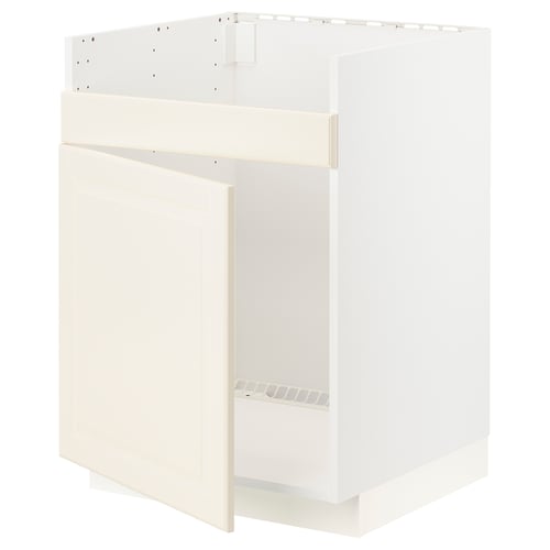 White METOD kitchen cabinet with bevelled edges, flat surface, and wire shelf, fully assembled.