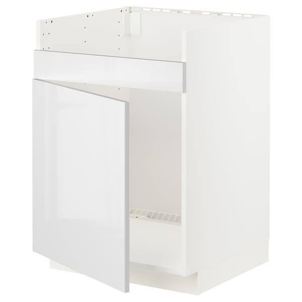 A white METOD kitchen cabinet with a glossy finish, featuring a door and hinges.