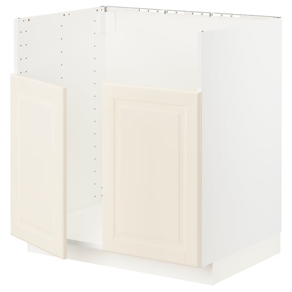 White kitchen cabinet, traditional design, bevelled edges, metal hinges, 18mm thick.