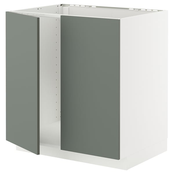 A METOD kitchen cabinet in white with grey-green doors. It has a modern, square shape with snap-on hinges.