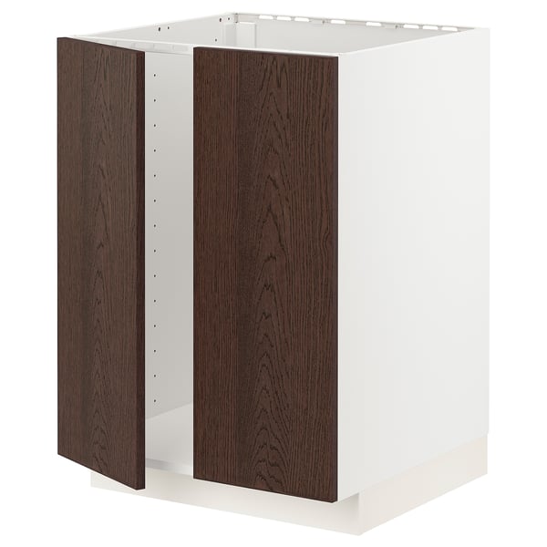 A white ikea METOD kitchen cabinet with dark brown sinarp wood veneer doors. The cabinet is rectangular with a modern design.