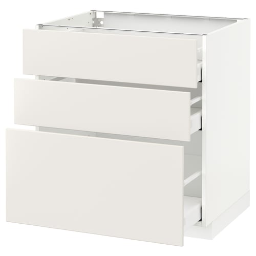 White METOD cabinet with three drawers, sleek modern design.