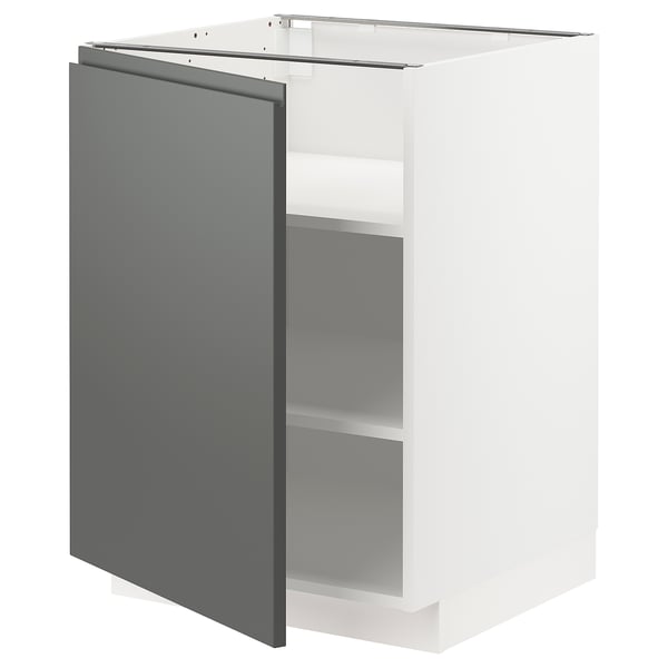 Modern grey-white kitchen cabinet with sleek handle-less design.