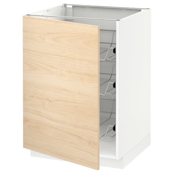 White ikea METOD kitchen cabinet with light wood door and wire shelves.