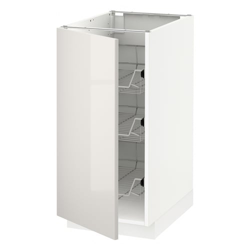 White METOD kitchen cabinet with high gloss finish and three wire shelves.