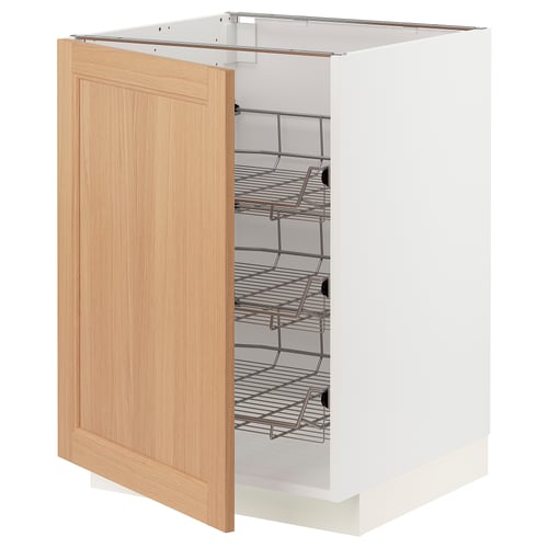 METOD kitchen cabinet with light oak door and metal shelves.