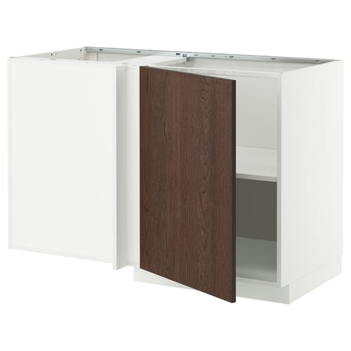Modern METOD kitchen cabinets: white & brown, wooden trim, particleboard, adjustable shelves.