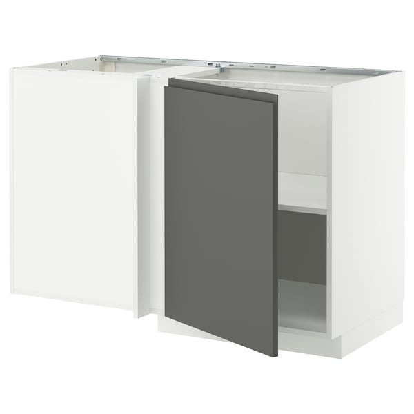 A white and dark grey modern kitchen cabinet from the METOD system by IKEA, featuring a sleek design and sturdy construction.
