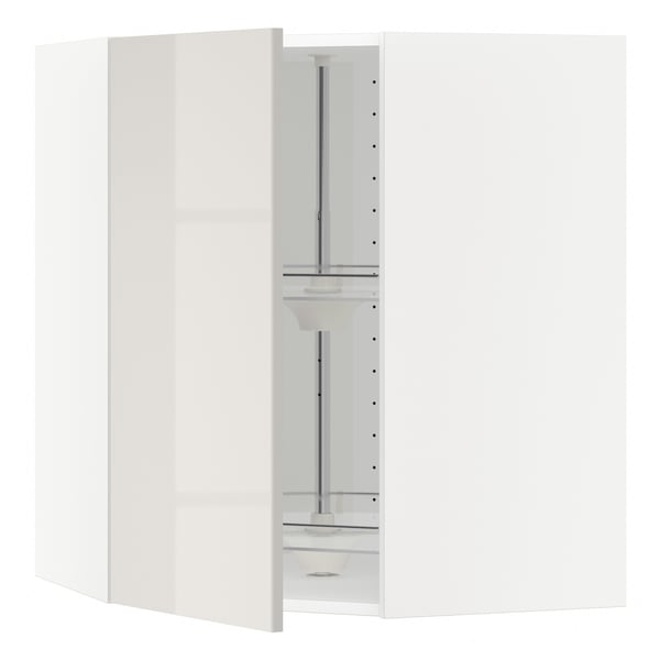 Modern high-gloss METOD kitchen cabinet, open with glass shelf.