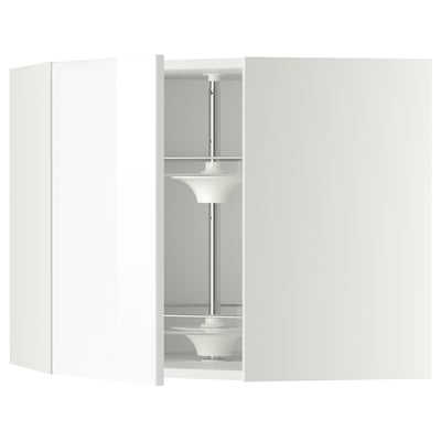 Modern white mini kitchen with glossy finish and corner cabinet carousel.