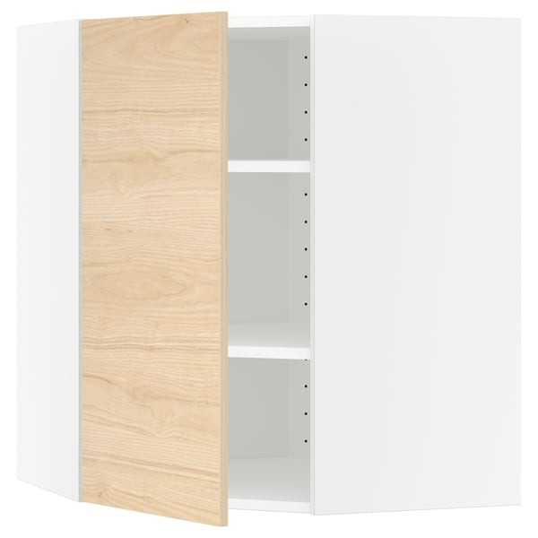 A light ash-colored METOD kitchen cabinet with one open door, revealing an internal adjustable shelf.
