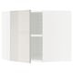 A white, modern, high-gloss kitchen cabinet with glass doors and an adjustable shelf.