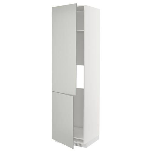 METOD kitchen cabinet in light grey with white shelves.