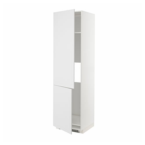White METOD kitchen cabinet, two doors, adjustable shelves, tall and rectangular with particleboard, smooth finish, and nickel hinges.