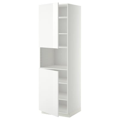 White METOD kitchen unit with glass doors, modern, glossy finish.