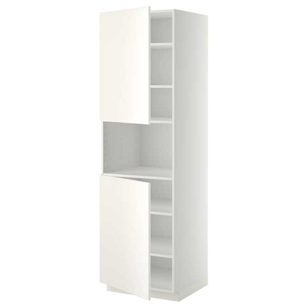 A white METOD kitchen cabinet with adjustable shelves. It a sleek, smooth design and sturdy construction.