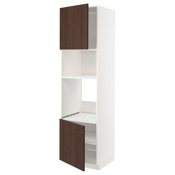 A white METOD kitchen cabinet unit with dark brown sinarp doors, oak veneer, snap-on hinges, and an adjustable shelf.