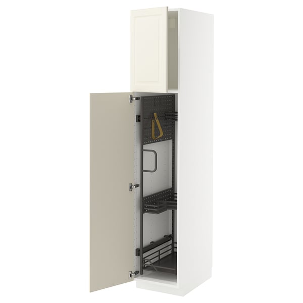 A white METOD tall kitchen cabinet with off-white bodbyn doors. The cabinet is open, displaying pull-out organisers inside.