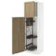 METOD white kitchen cabinet with oak door, open with storage shelves.