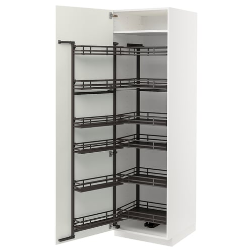 White METOD kitchen cabinet with black pull-out shelves.
