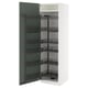 Modern kitchen cabinet in white with greenish-gray doors and pull-out shelves. Efficient storage design.