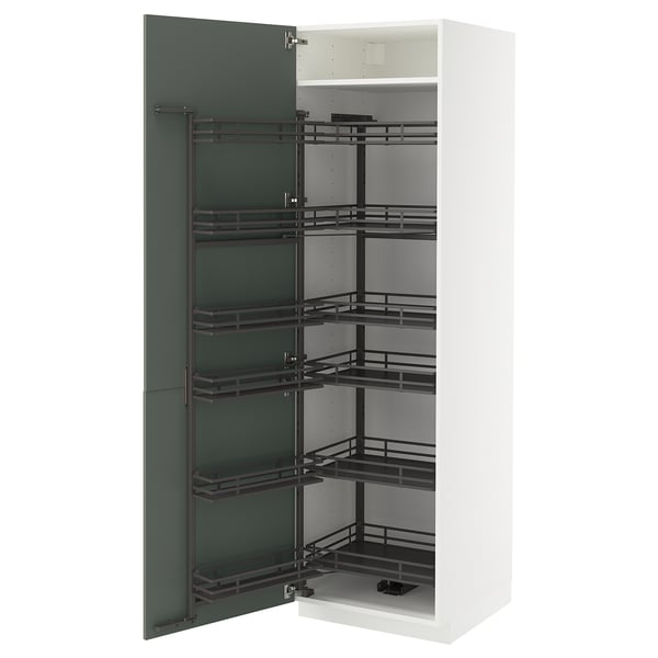 White cabinet with pull-out shelves, grey-green door.
