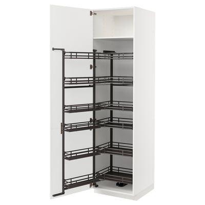 A white METOD pull-out storage cabinet with black metal shelves. The cabinet has four shelves and is part of the ikea kitchen system.