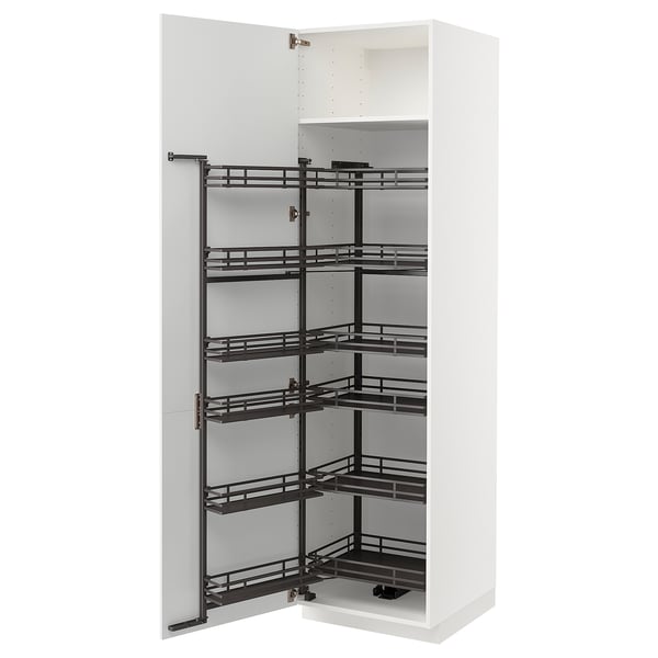Image shows a METOD kitchen cabinet, white with black pull-out shelves.