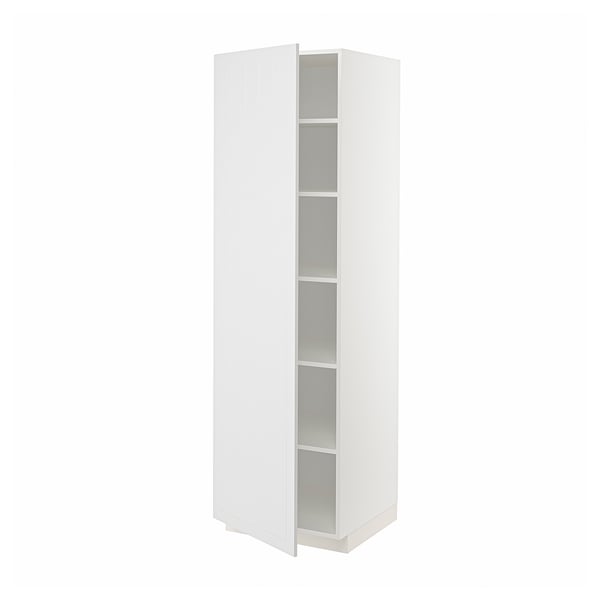 White METOD tall kitchen cabinet with adjustable shelves and reversible door.