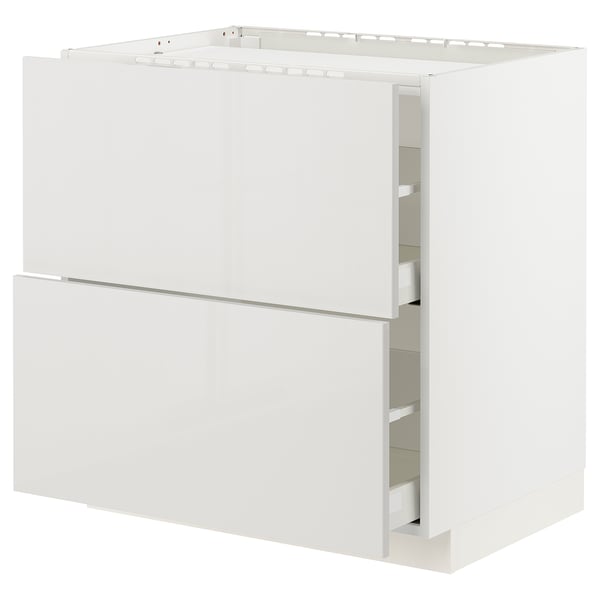 A white METOD kitchen cabinet with a modern, glossy finish and integrated drawers.