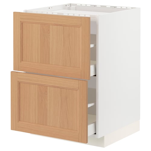 An ikea METOD kitchen cabinet with oak drawers. It white and wood tones, with a sleek, modern design.