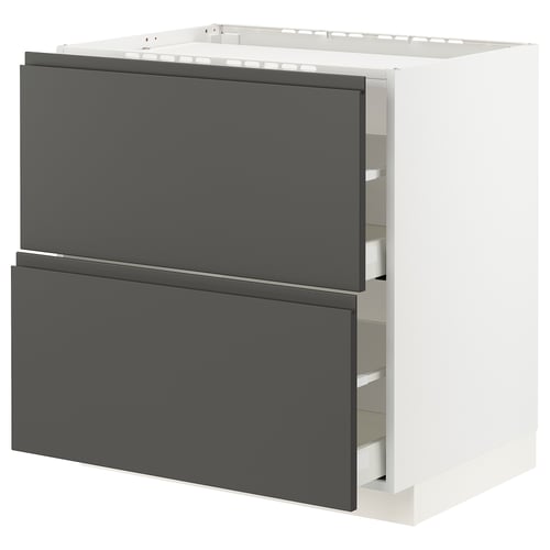 Modern kitchen cabinet in dark grey with sleek handles, featuring two deep drawers on right.