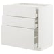 A white METOD kitchen cabinet with multiple drawers in a modern design, featuring a high-gloss finish.