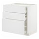 A white METOD kitchen cabinet with three drawers and one shelf unit. It has a modern, clean design with a sturdy frame construction.