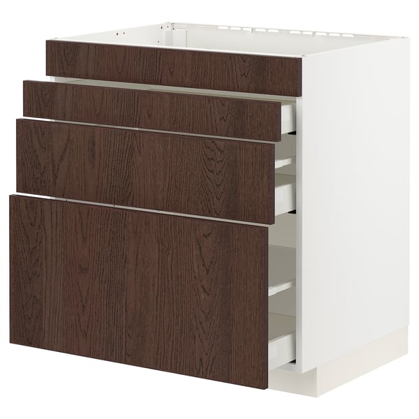 Ikea METOD kitchen unit. White frame with dark brown wood drawers, four pull-out drawers.