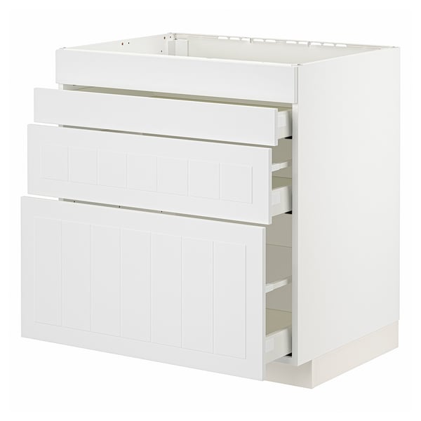 A white METOD kitchen cabinet with multiple drawers. Its a modern design with craft details, in white, featuring smooth-running drawers.