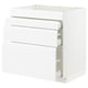 White modern kitchen cabinet with multiple drawers, sleek minimalist design.