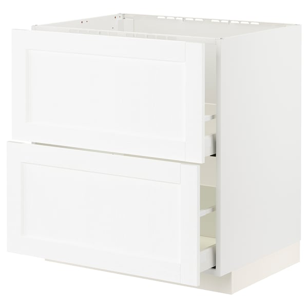 White METOD kitchen cabinet, modern design, wooden texture, three shelves.