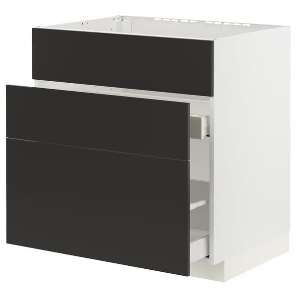 Modern black kitchen cabinet with two drawers and smooth edges.