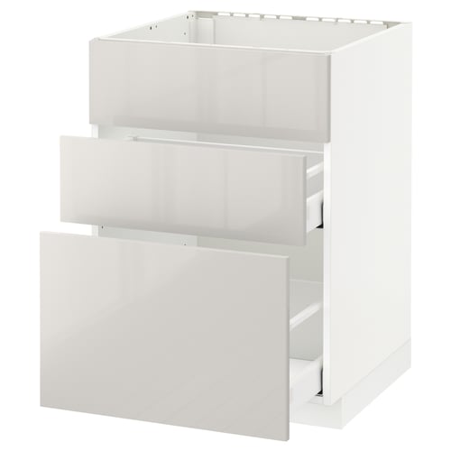 A white METOD kitchen cabinet with high gloss, featuring a pull-out drawer.