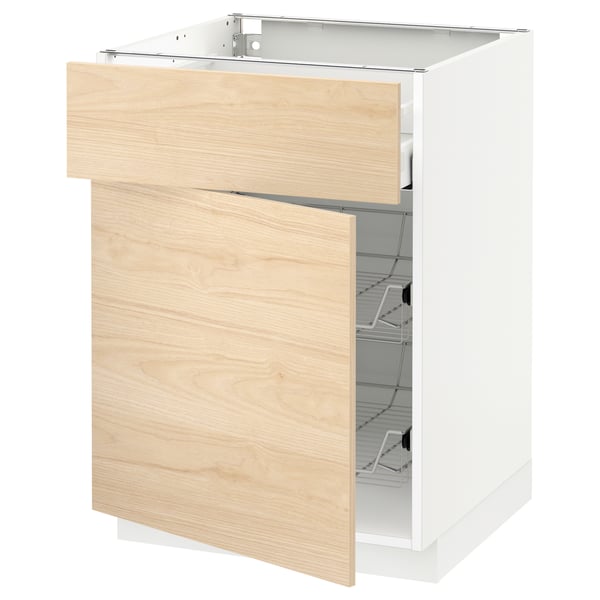 A white METOD kitchen cabinet with a light ash wooden drawer, featuring a sleek and modern design.