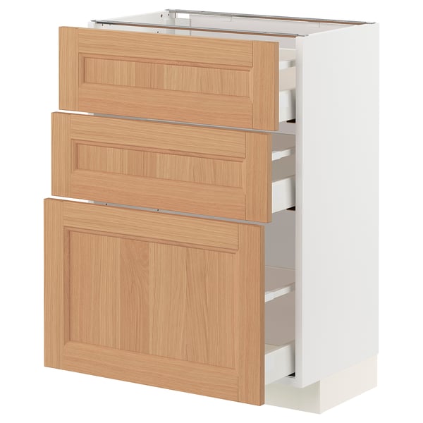 METOD kitchen unit in white with oak drawers. Three large drawers, sturdy, full-extension, oak fronts.