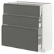 A modern white kitchen cabinet with three dark grey drawers. It has a sleek, minimalist design with integrated handles for a clean look.