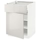 A white kitchen cabinet from IKEAs METOD series in high gloss. It has a sleek design with a single door and an adjustable shelf inside.