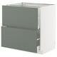 Modern kitchen cabinet in light grey-green with two drawers. Metallic frame, smooth surfaces, sleek design.