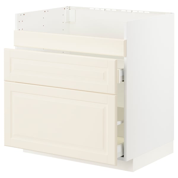 White kitchen cabinet, square, traditional off-white with bevelled edges, solid & sturdy, smooth-running drawers.