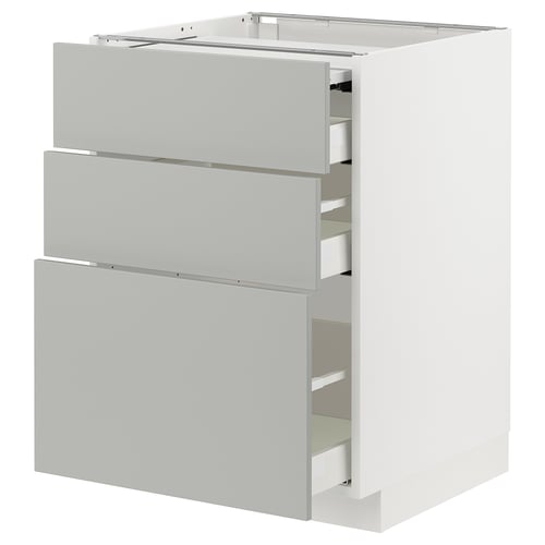 Modern white ikea METOD kitchen unit with three grey drawers and sleek handles.