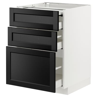 A white METOD kitchen cabinet with three black stained ash drawers featuring bevelled edges and a large door.