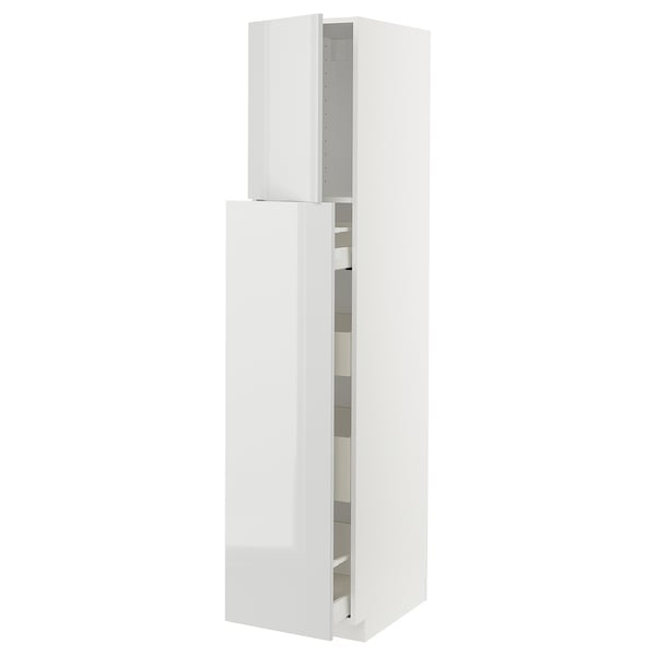 White kitchen cabinet with vertical open sections, high gloss design.