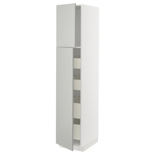 A white METOD tall kitchen cabinet with a modern, minimalist design. It has a rectangular shape and multiple shelves inside.